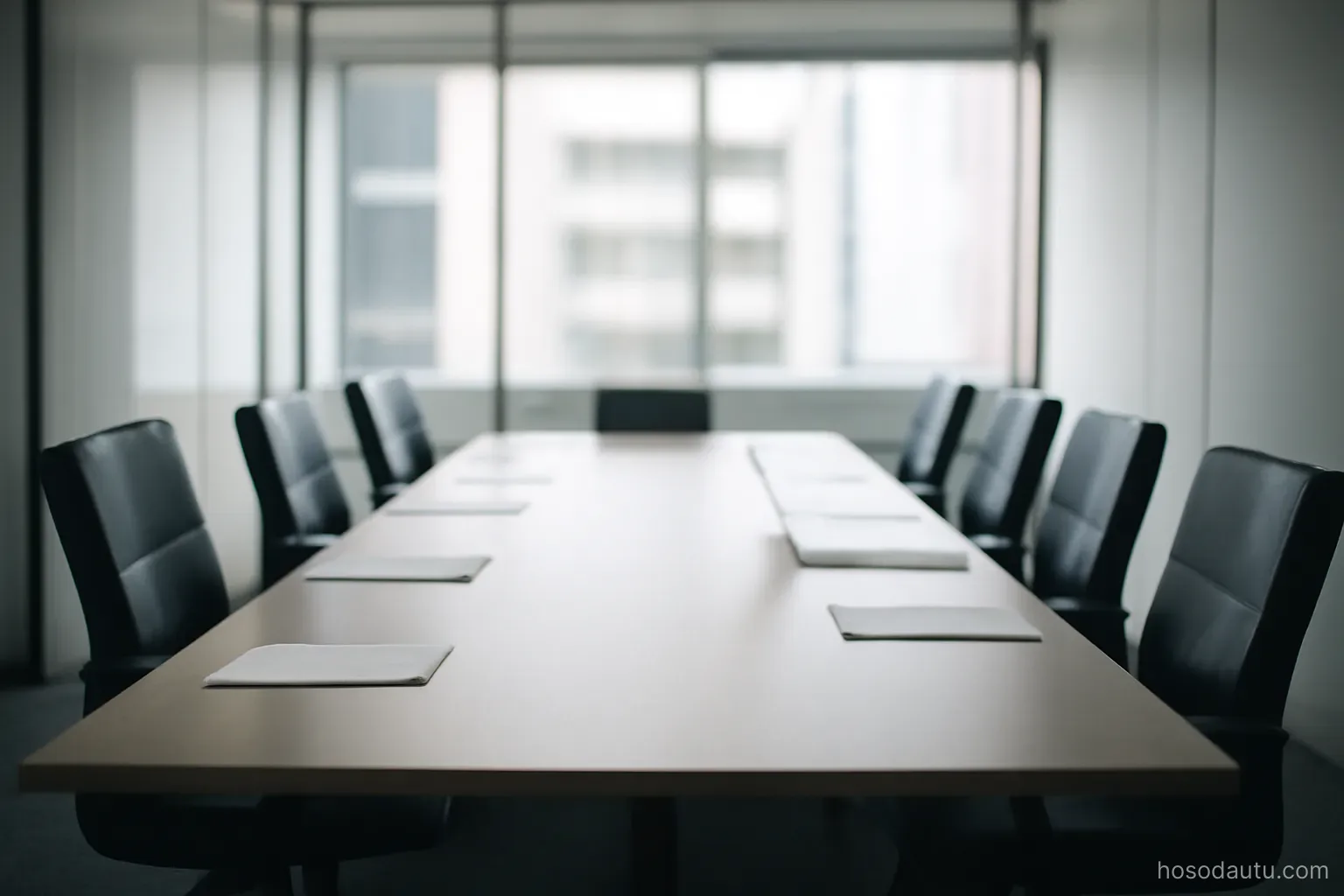 an empty boardroom with chairs around a long table seen through a glass wall, cool daylight, no people or signage