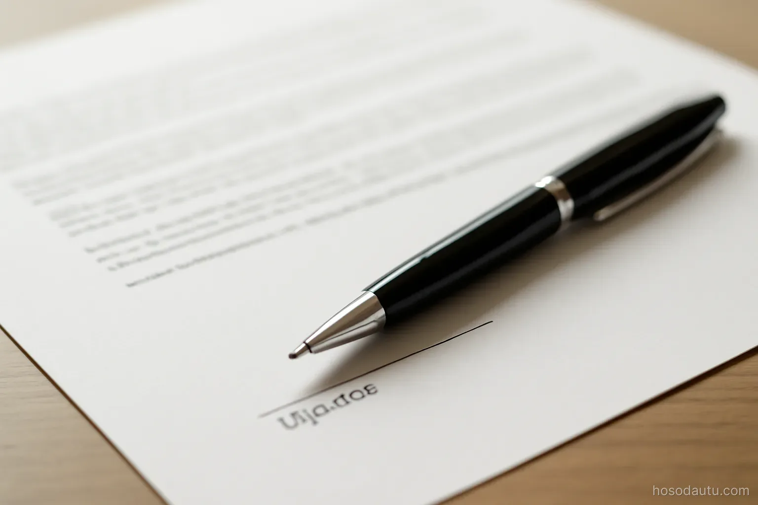 a signature line at the bottom of a contract page with a pen laid diagonally across it, close view, no text legible