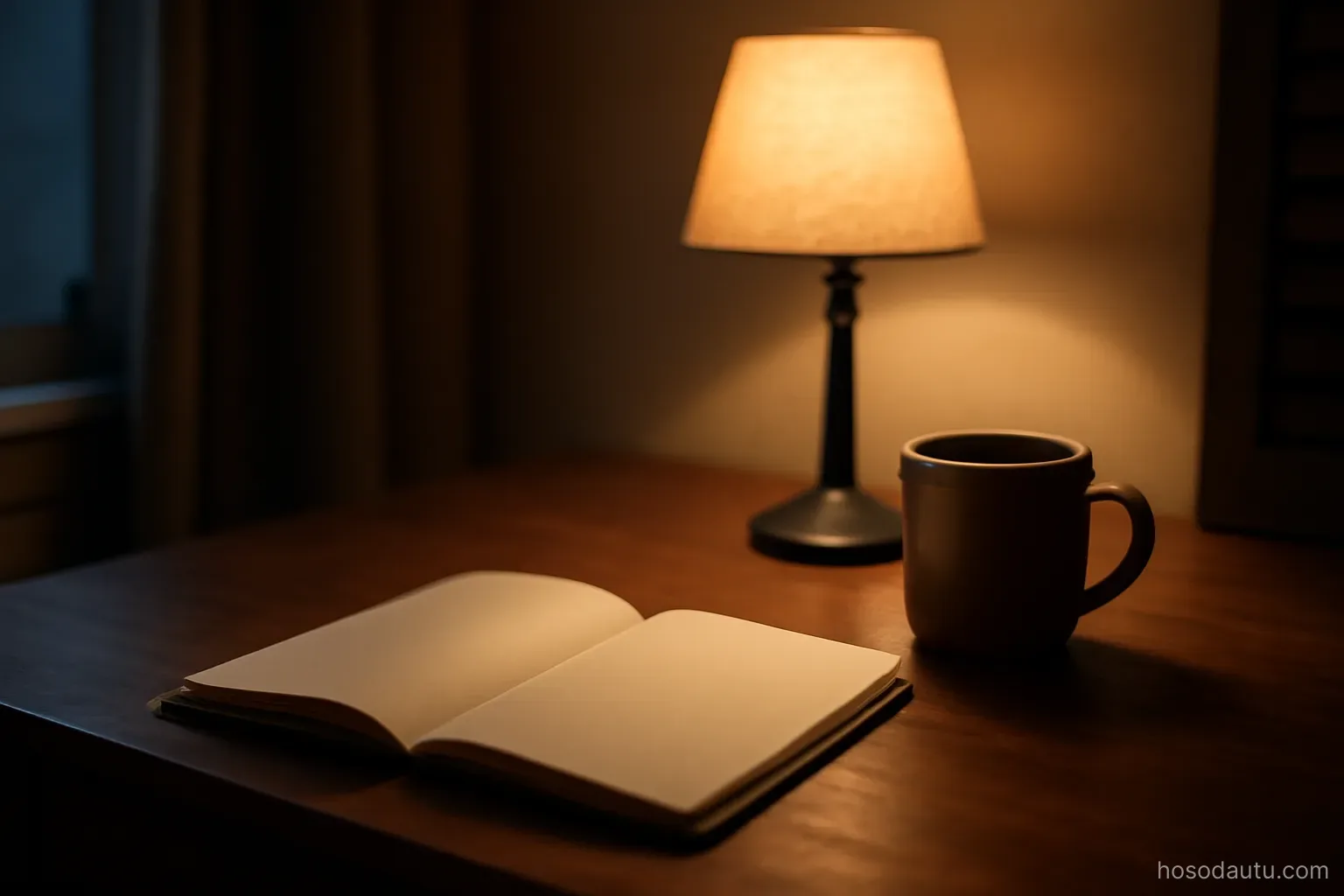 a home desk with a notebook, a mug and a lamp turned on at night, quiet and uncluttered, page blank