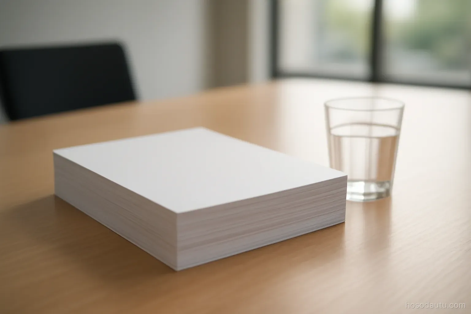 a thick bound document set stacked on a conference table beside a glass of water, natural light, covers plain