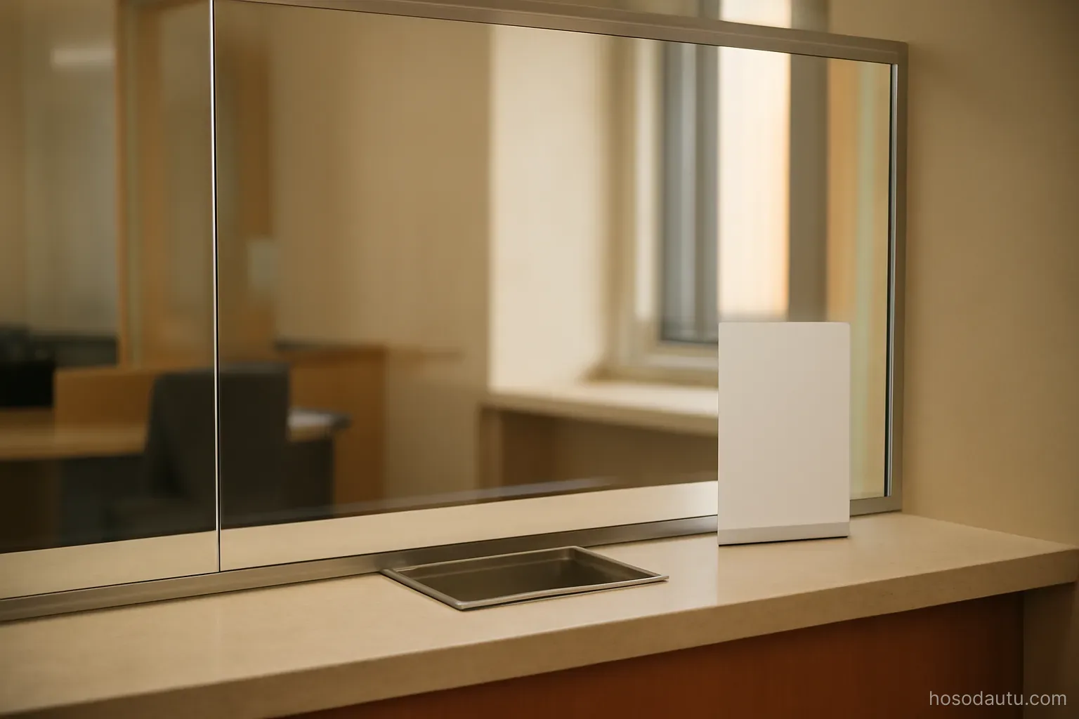 a bank counter with a glass partition and a small tray on the ledge, soft interior light, no signage or figures