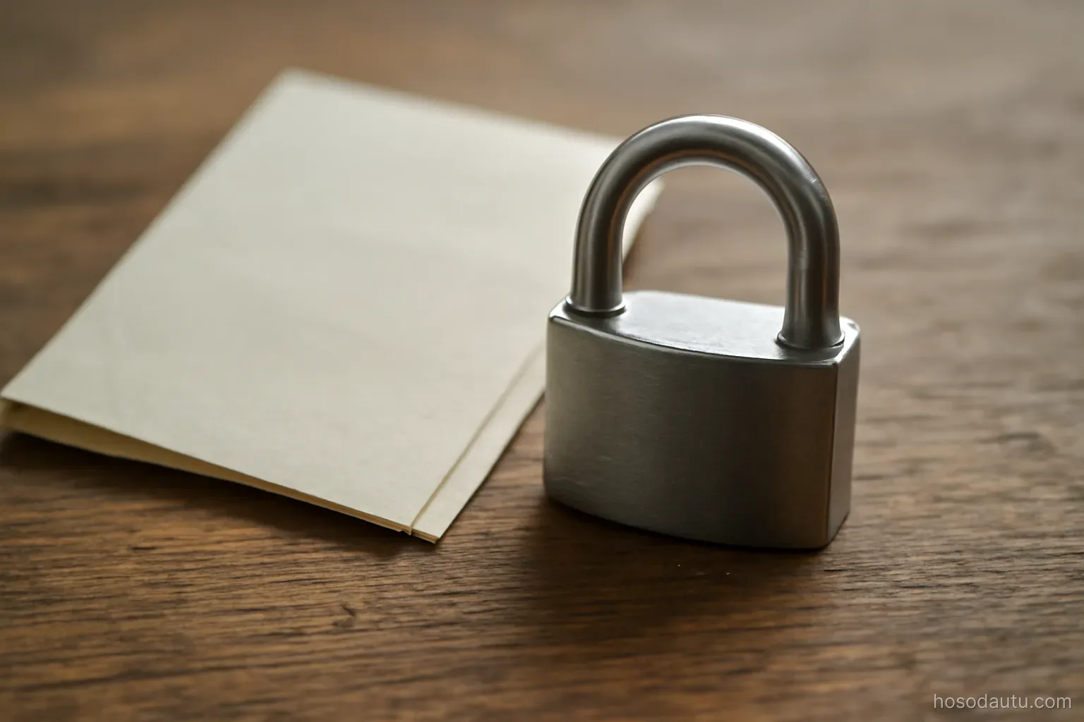 a small metal padlock resting closed on a wooden surface beside a folded paper, close view, no markings