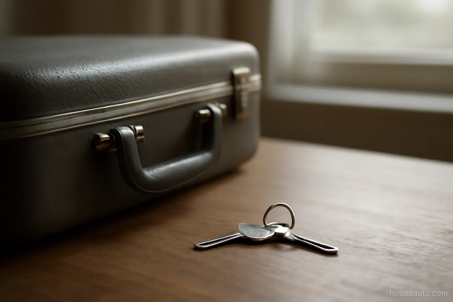 a suitcase and a pair of house keys resting together on a table near a window, quiet morning light, no labels