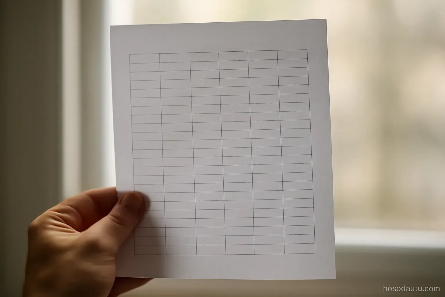 a printed spreadsheet page held up against window light showing only the grid lines, numbers not legible