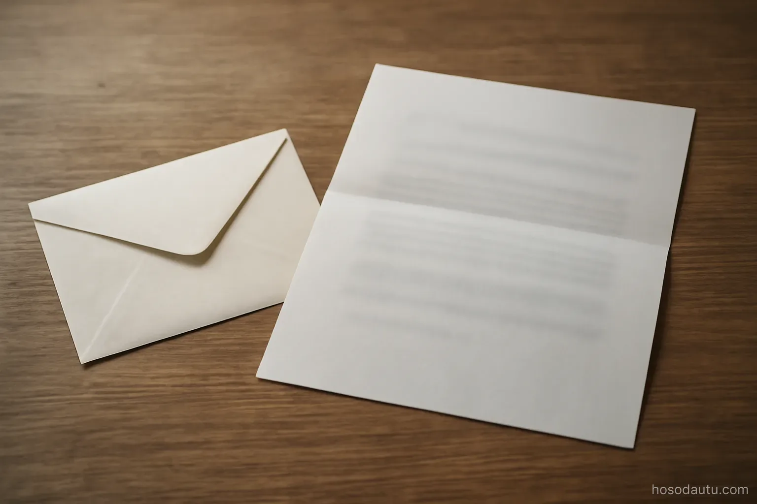 an opened letter lying flat on a table beside its envelope, overhead view, page text out of focus
