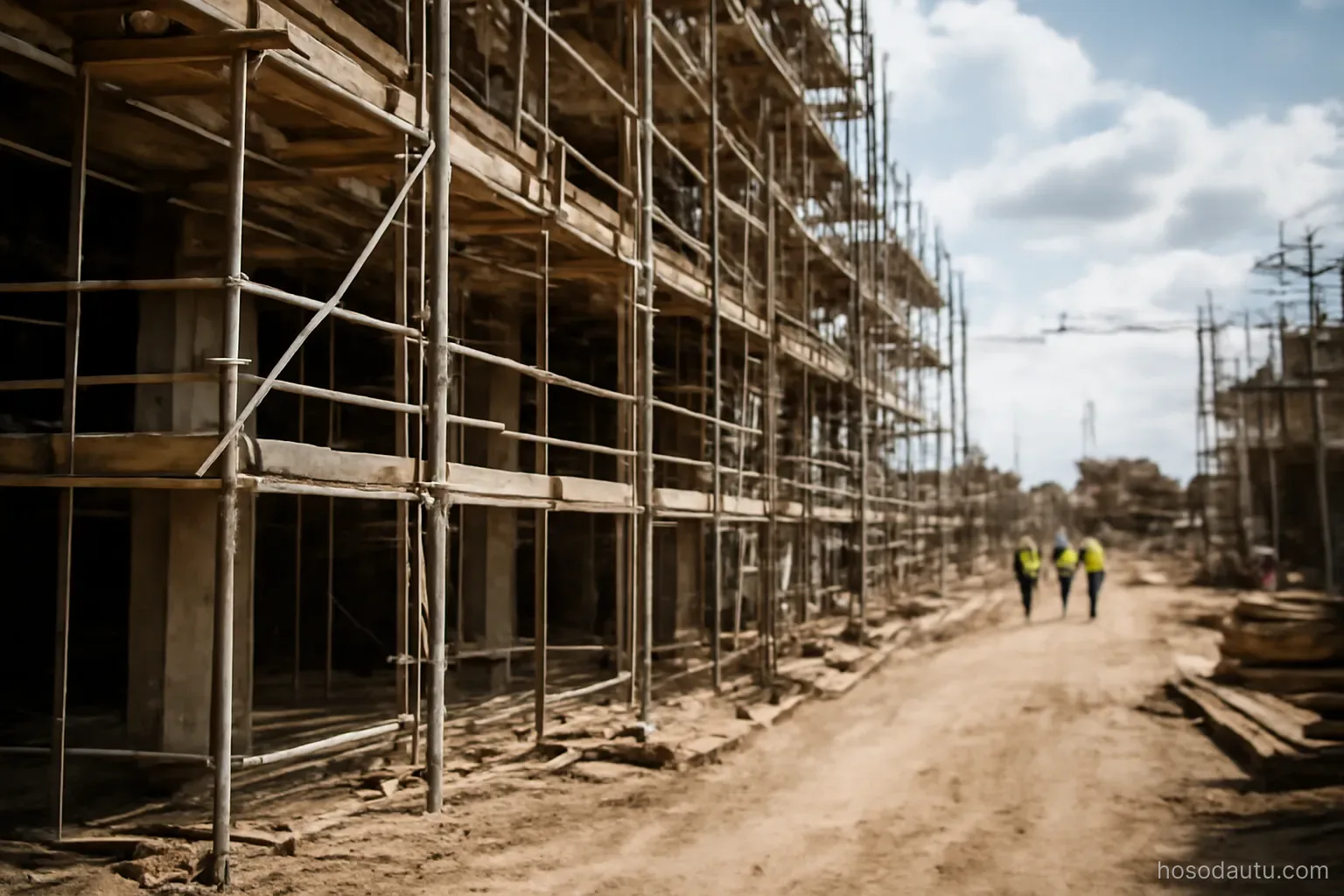 a construction site at midday with scaffolding and a few workers in the distance, wide view, no signage or logos