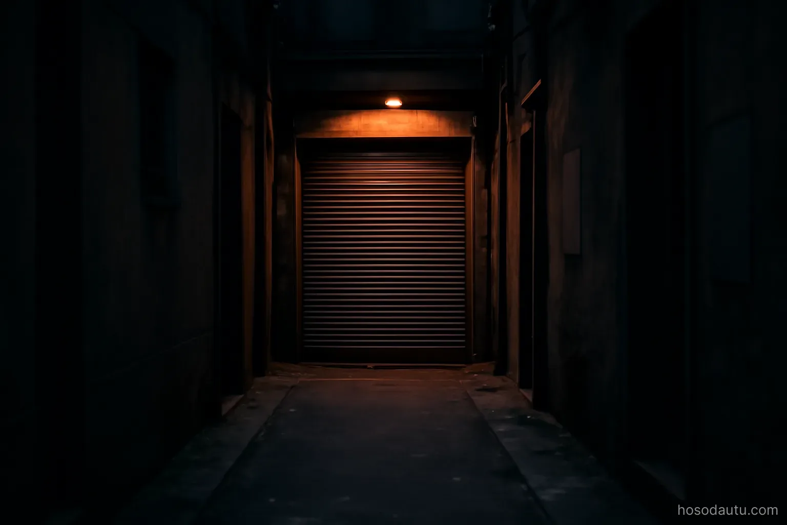 a dimly lit narrow alley with a closed shutter door at the end, evening, no signage or people