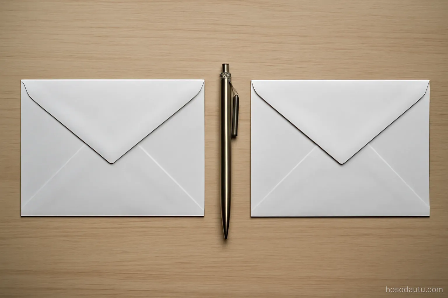two identical envelopes placed side by side on a desk with a pen between them, overhead view, envelopes blank