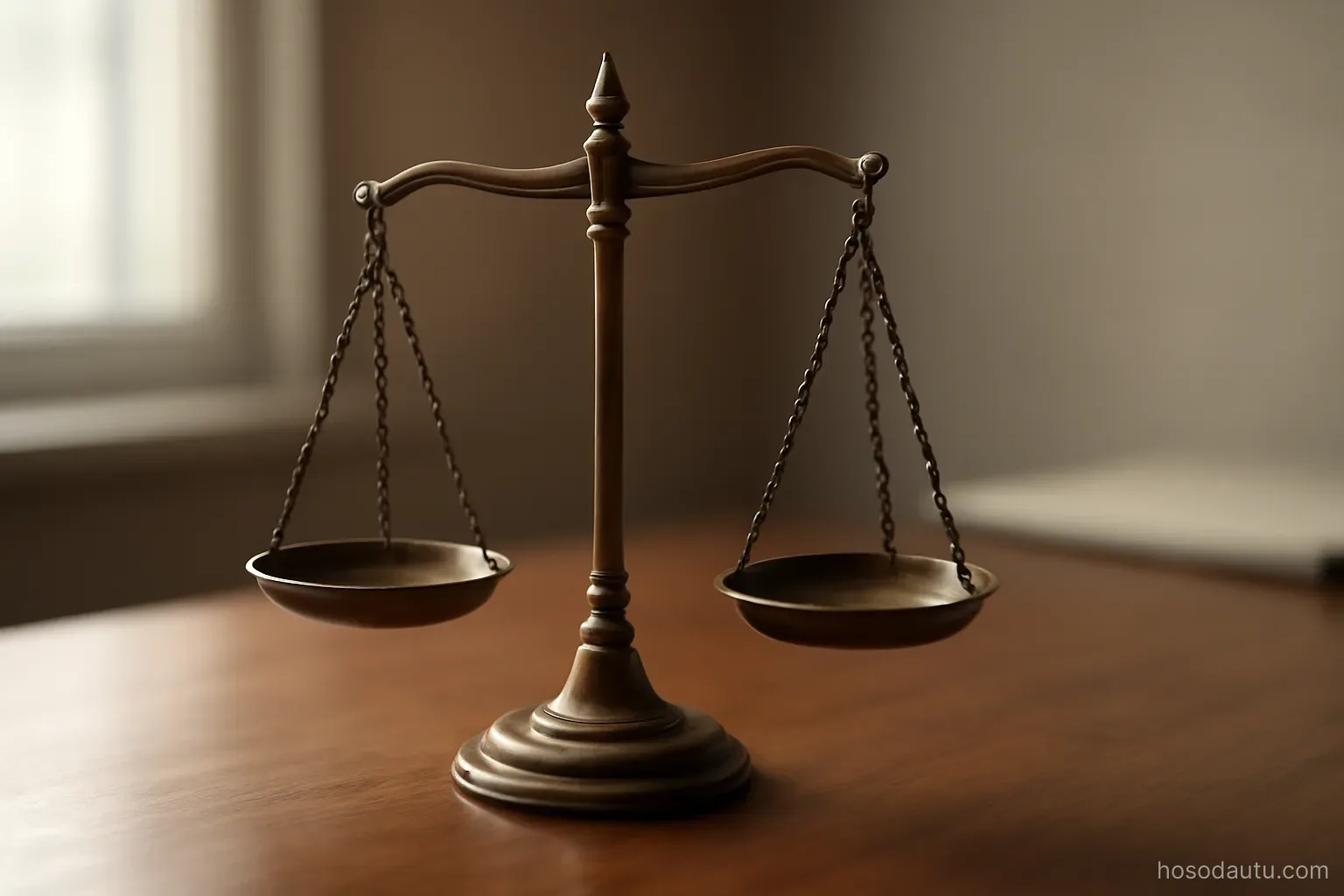 a set of unbalanced brass scales sitting on a wooden desk, side light, pans empty