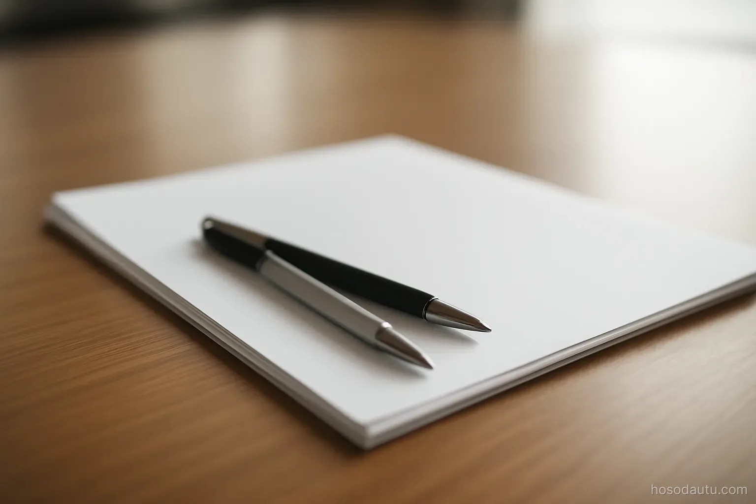 two pens resting on a stapled document on a meeting table, close view, pages face down