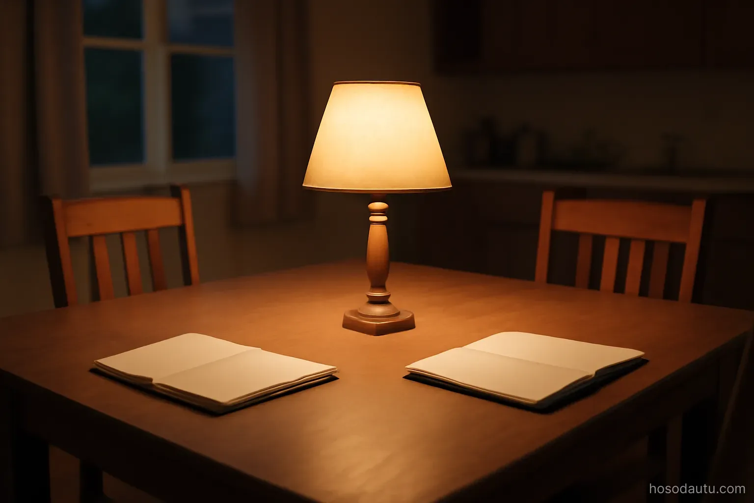 a family kitchen table at evening with two notebooks and a lamp, empty chairs, warm quiet light