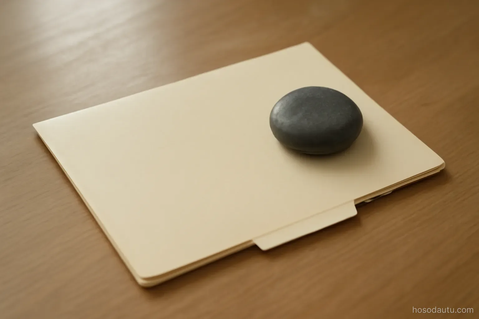 a plain manila folder lying closed on a desk with a small paperweight on top, neutral light, no writing