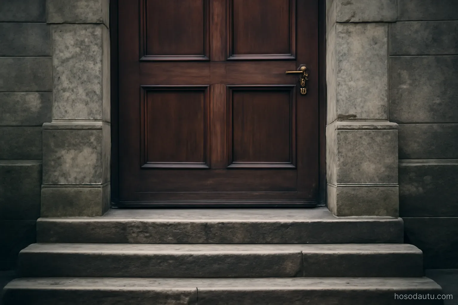 a heavy wooden door with a brass handle standing closed at the top of stone steps, overcast daylight, no signage
