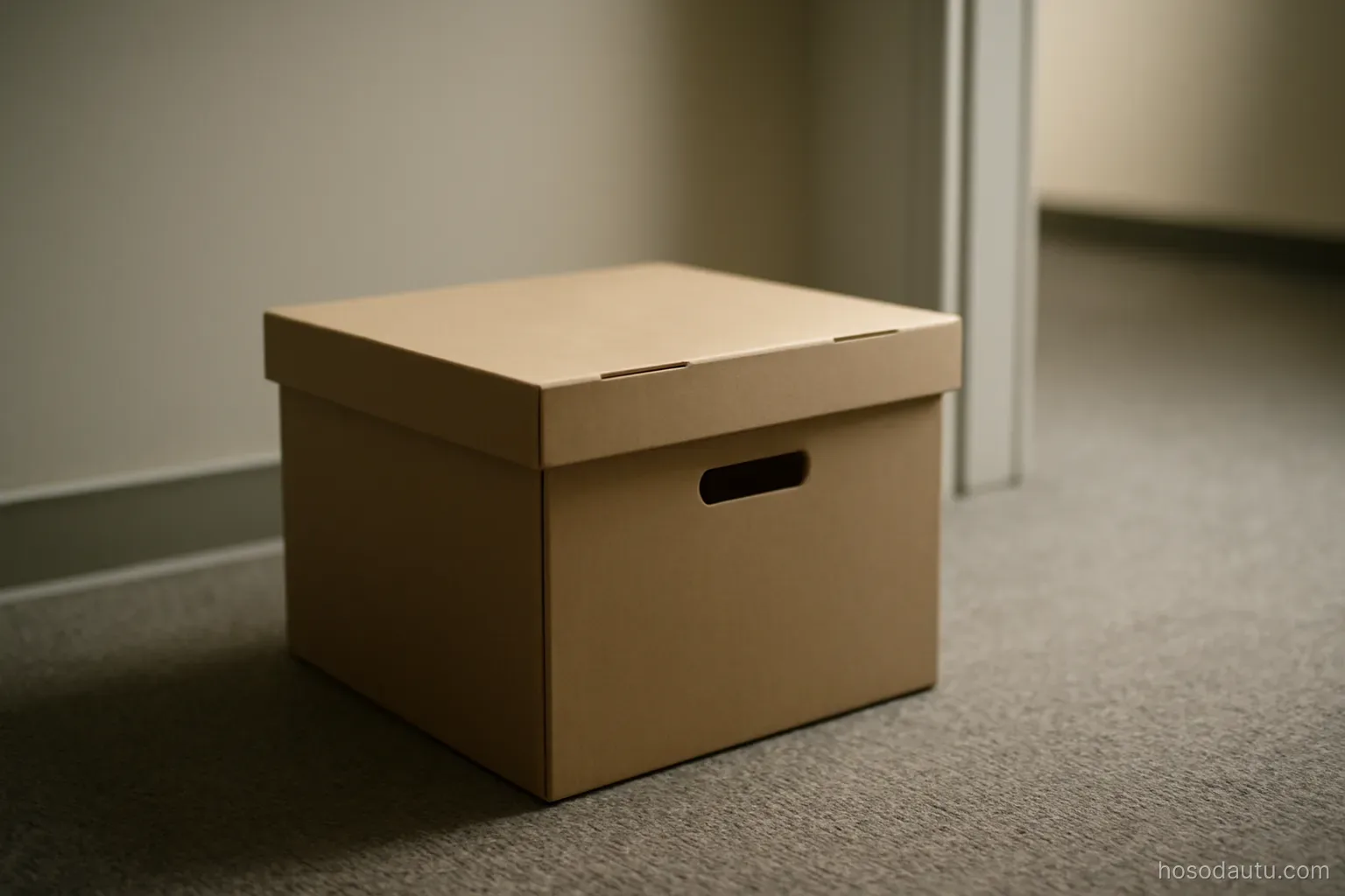 a cardboard file box sitting closed on an office floor beside a doorway, plain interior, muted light