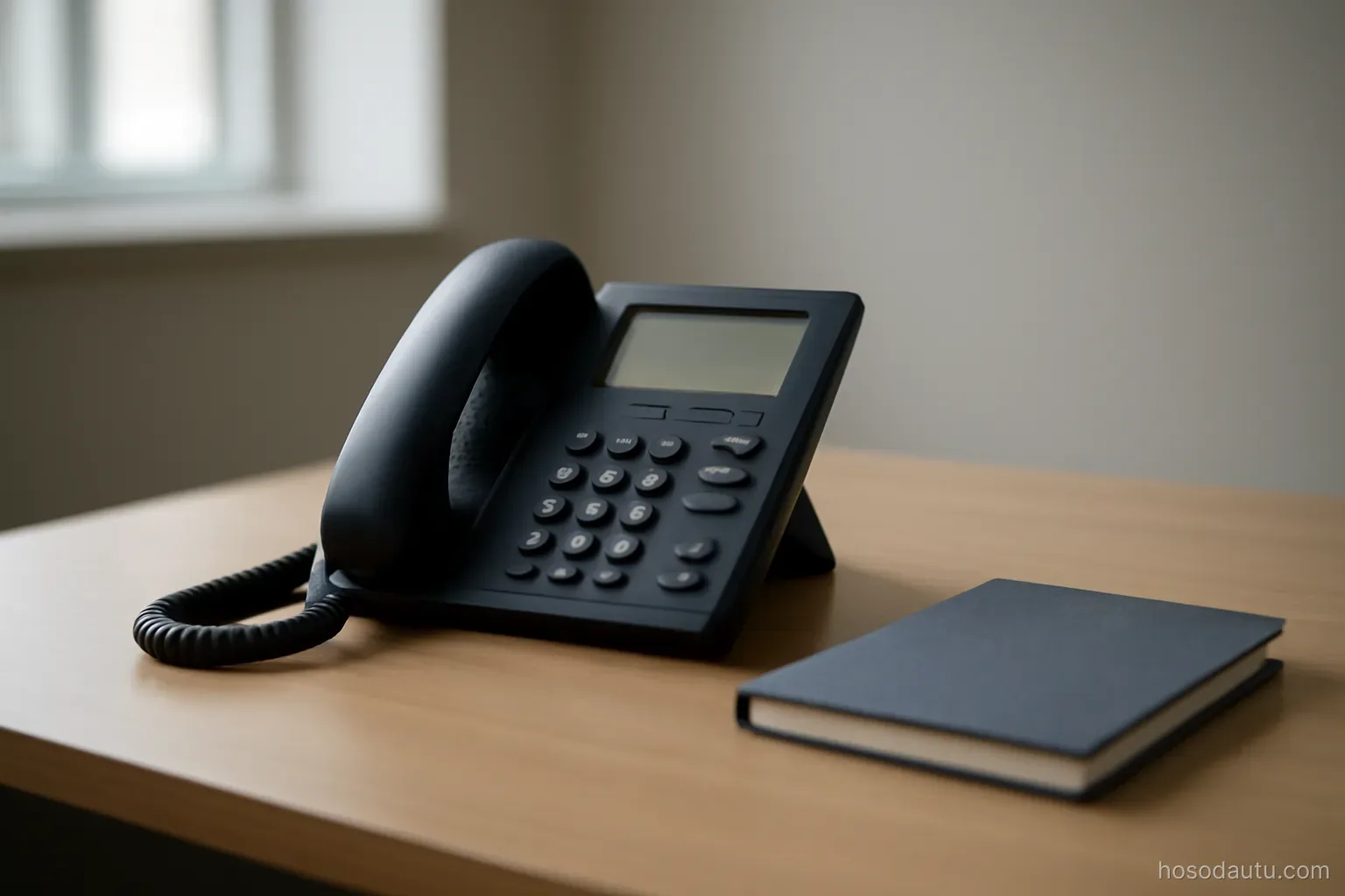 an unanswered desk phone sitting on an office table beside a closed notebook, quiet room, neutral light