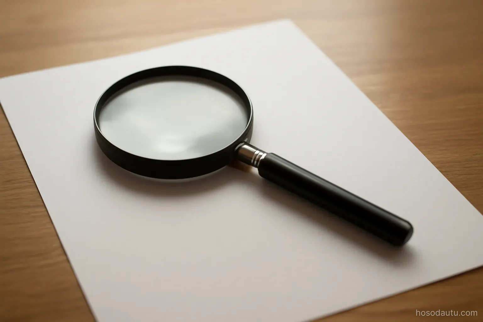 a magnifying glass lying on a plain sheet of paper on a wooden desk, close view, page blank