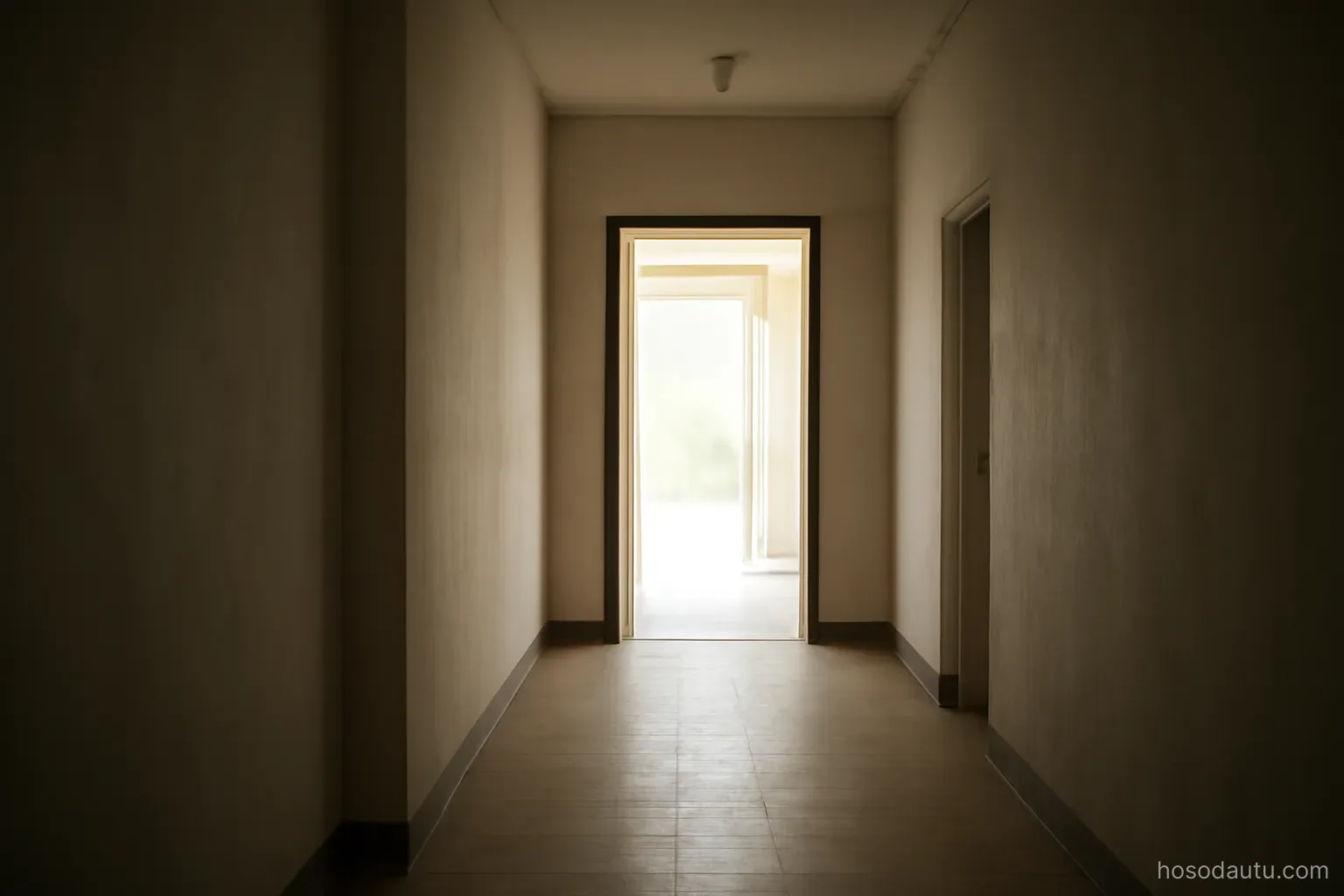 an open doorway at the end of a corridor with daylight coming through, plain walls, no signage