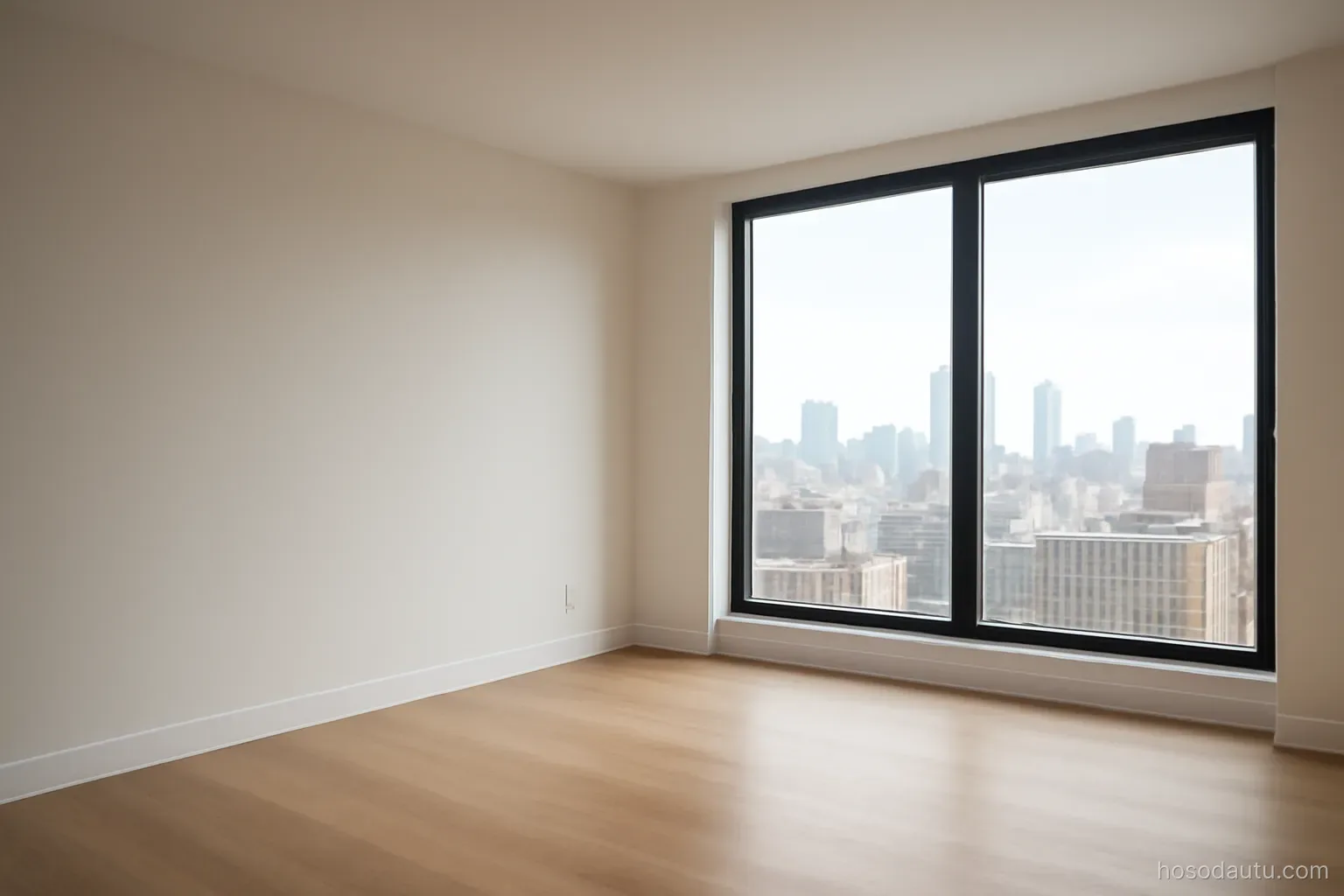 a modern apartment interior with bare walls and a large window overlooking a city, empty room, daylight