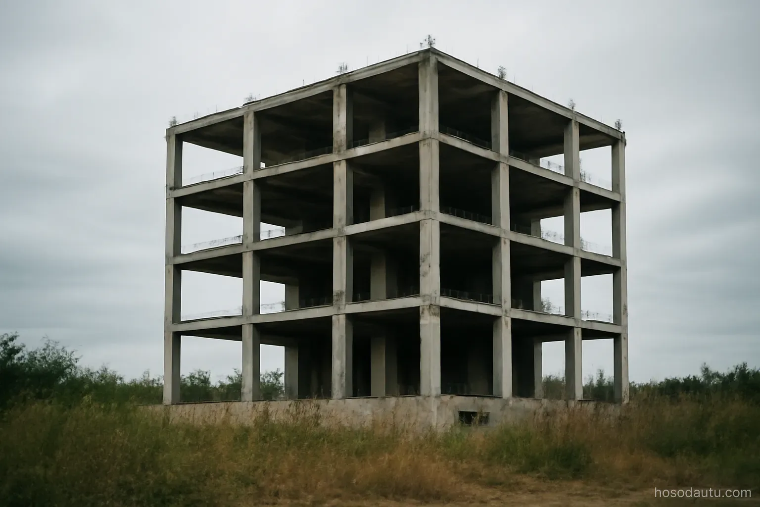 a half finished building shell standing quiet under an overcast sky, weeds at the base, wide view without signage
