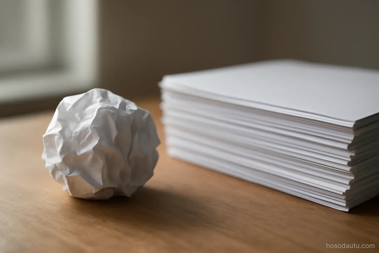a crumpled paper ball beside a neat stack of papers on a desk, side light, no text visible