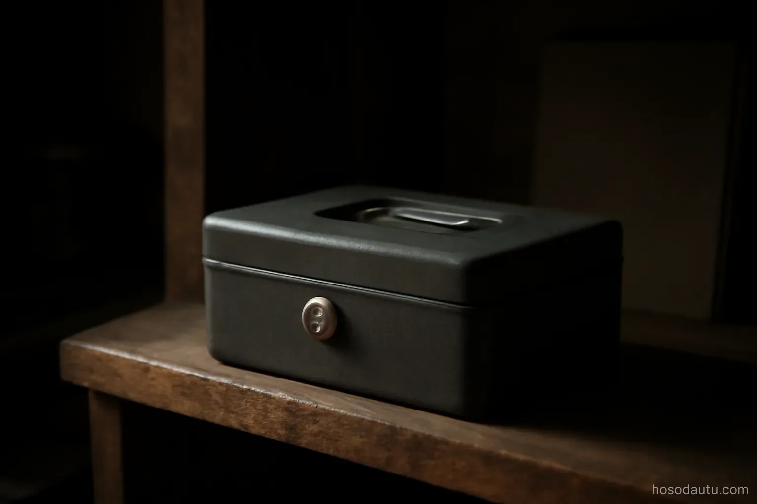 a locked metal cash box sitting closed on a wooden shelf in a dim storeroom, single side light, no markings