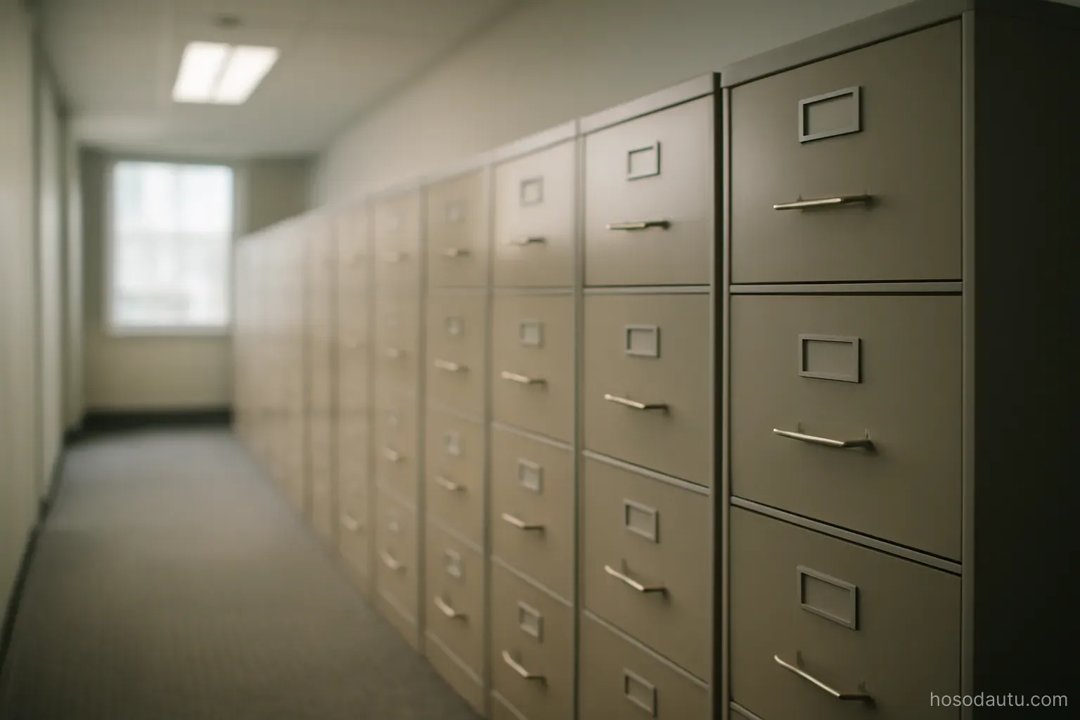 a neat row of filing drawers in an office corridor with a single overhead light, no labels or text