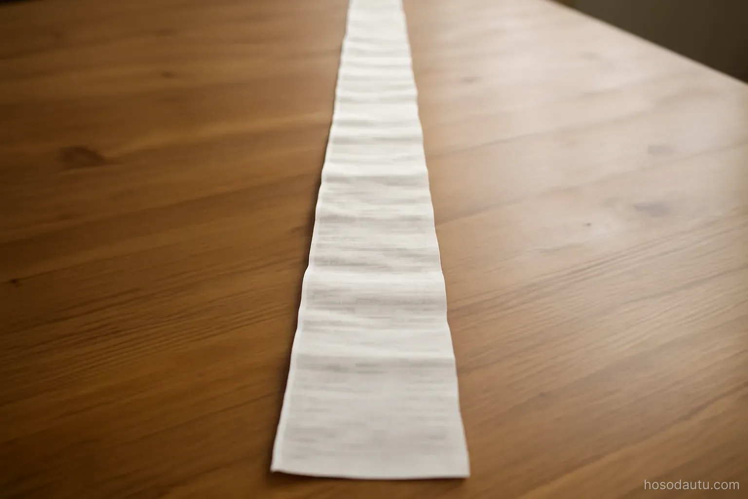 a long paper trail of receipts laid end to end across a wooden table, overhead view, print illegible, soft daylight