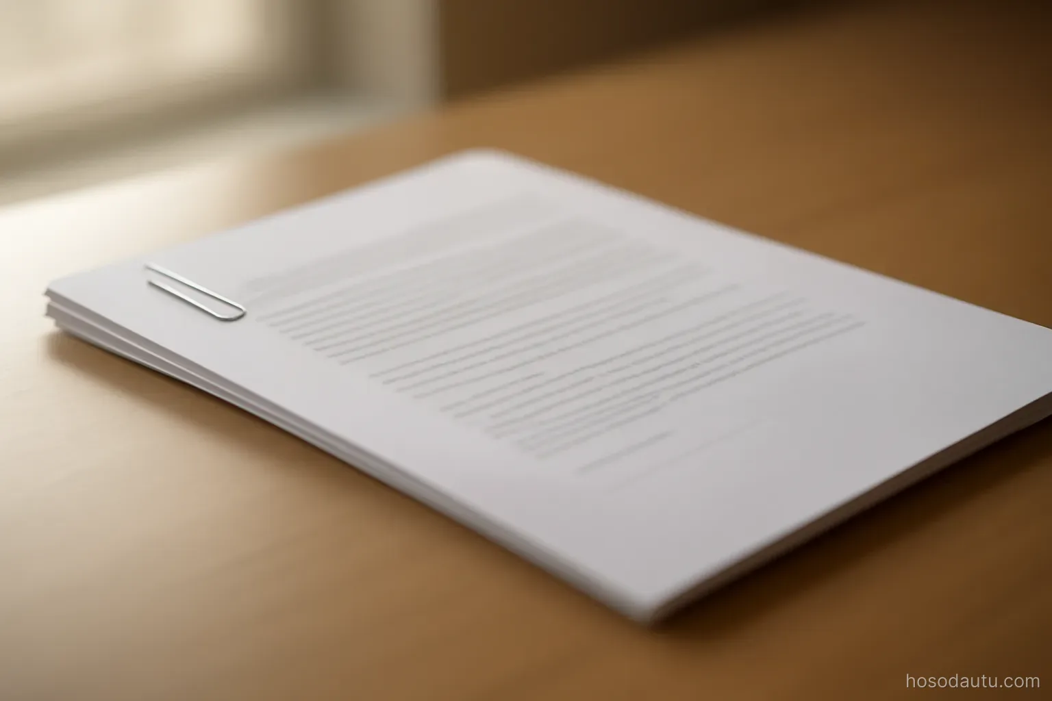 a contract document open at a middle page with a paperclip on the corner, plain desk, side daylight, text out of focus