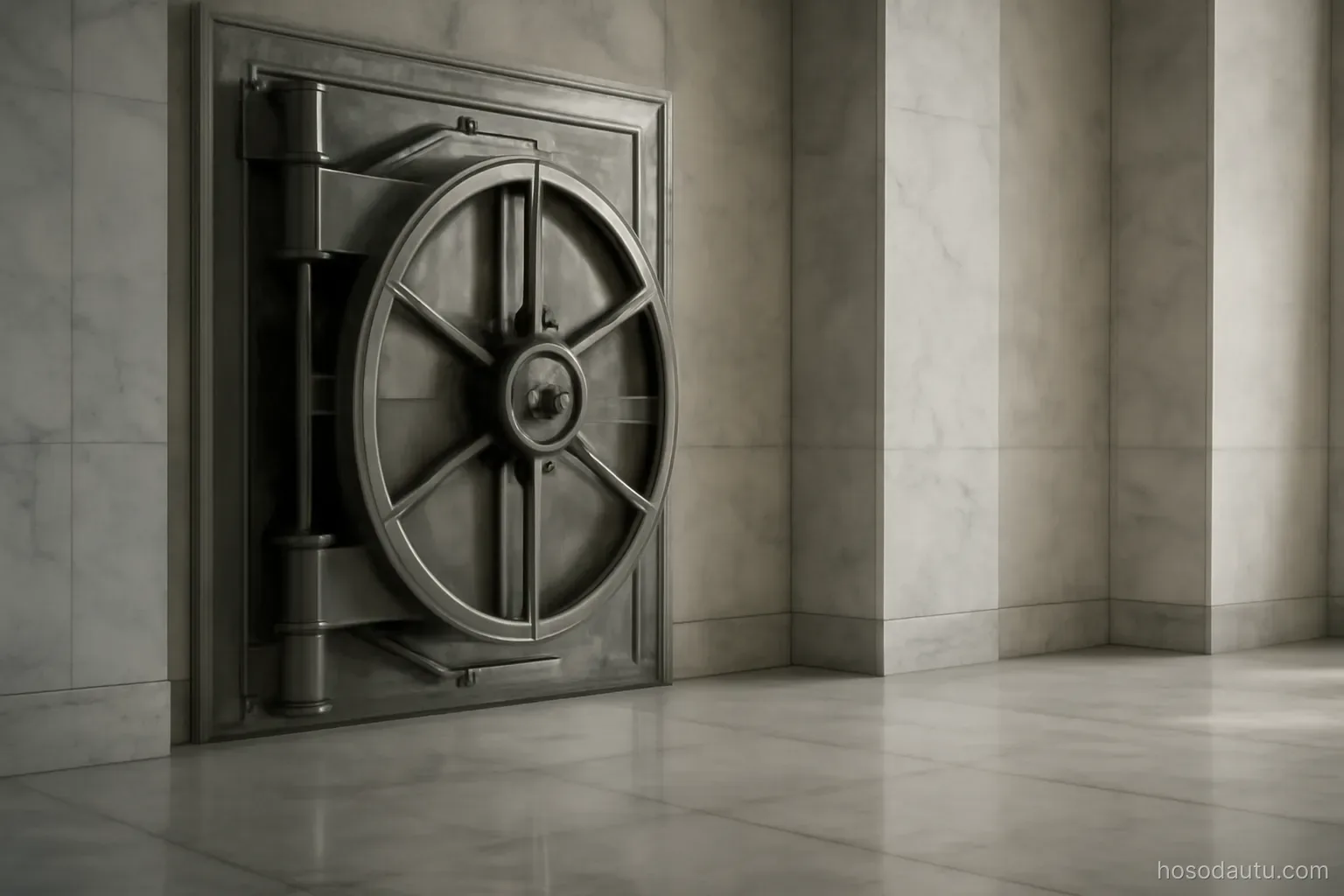 a bank vault door partially visible in a marble lobby, cool indirect light, no signage or numbers