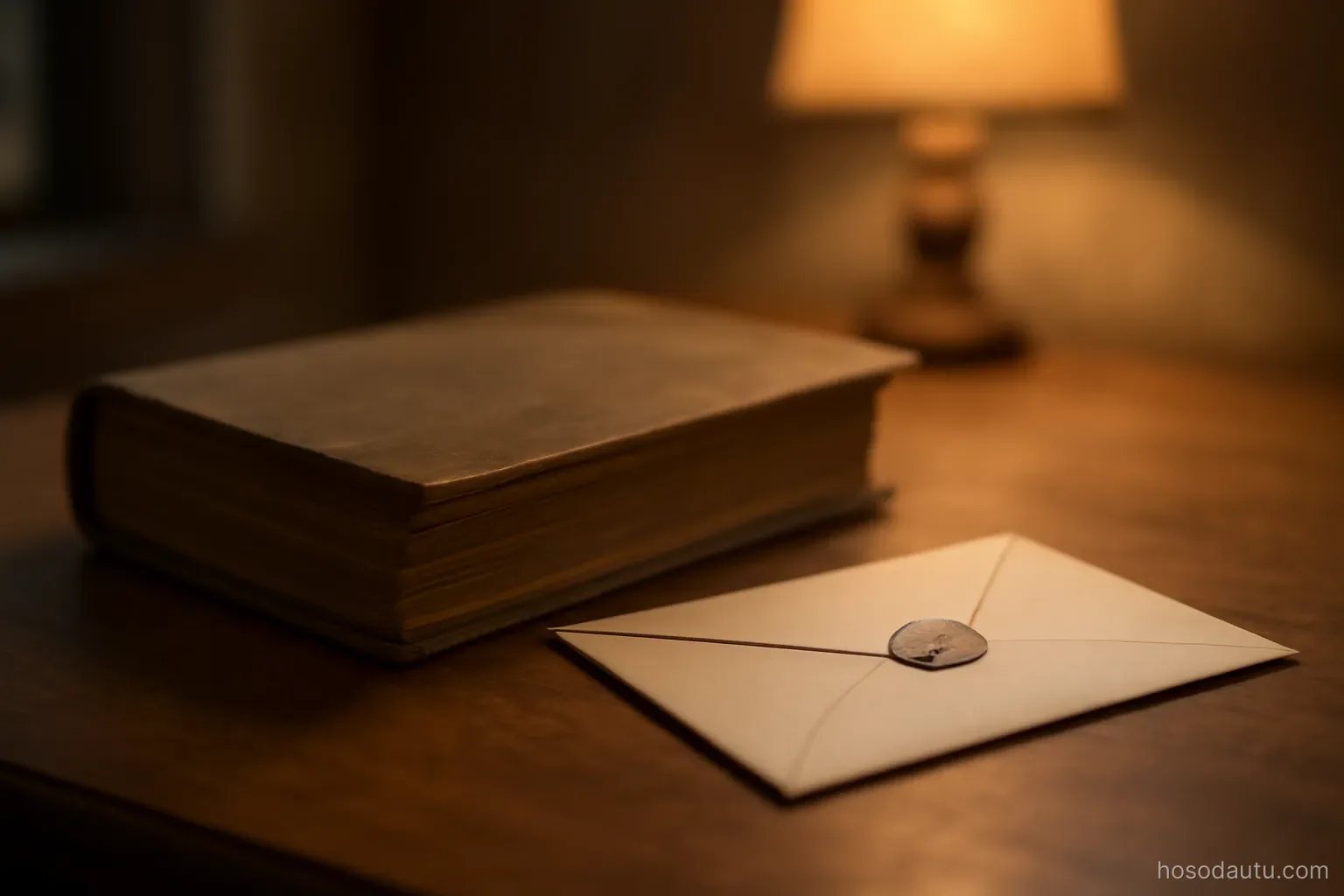 an old family photograph album closed on a table next to a sealed envelope, warm lamp light, covers plain