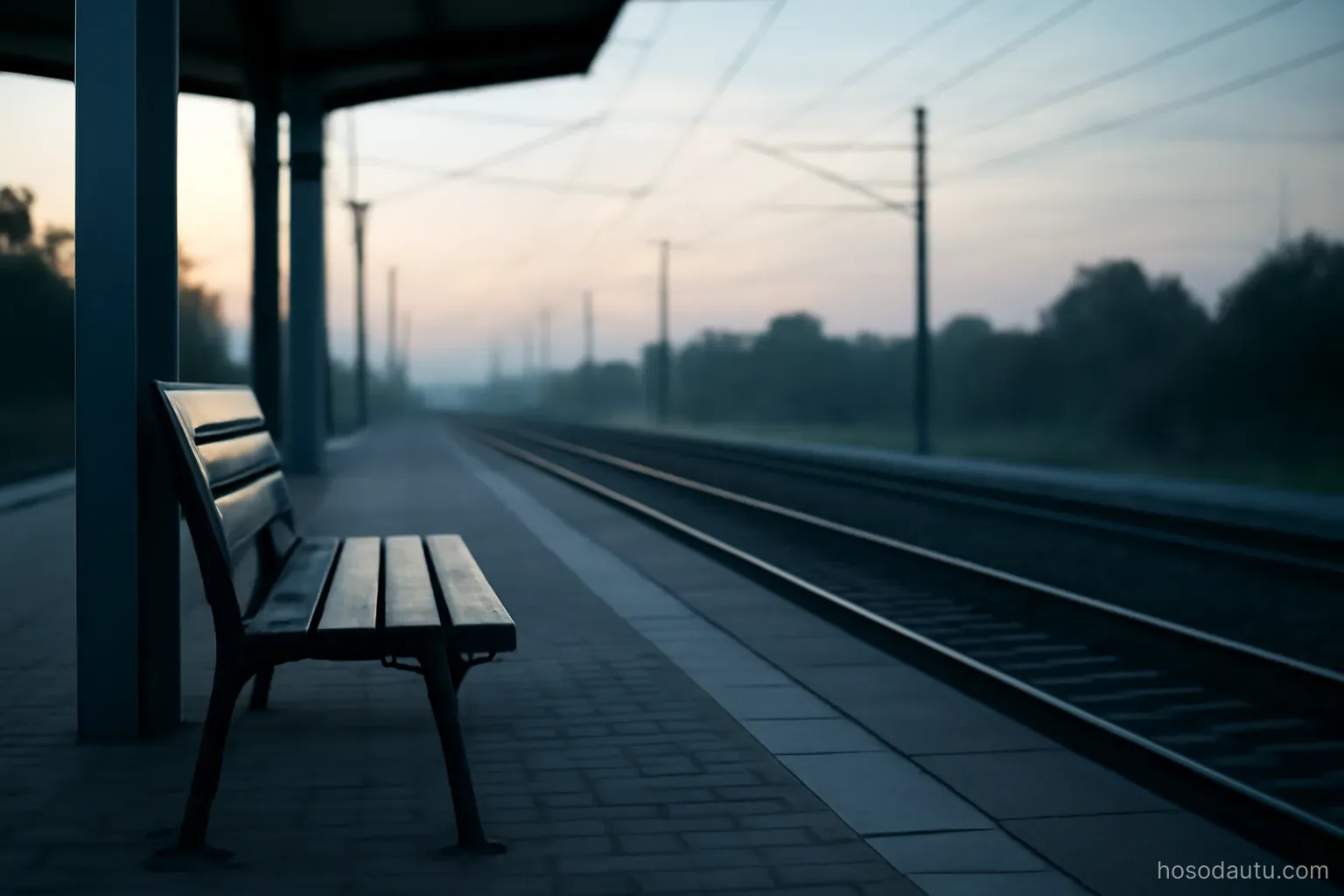 a train platform at dawn with an empty bench and rails stretching away, cool light, no signage