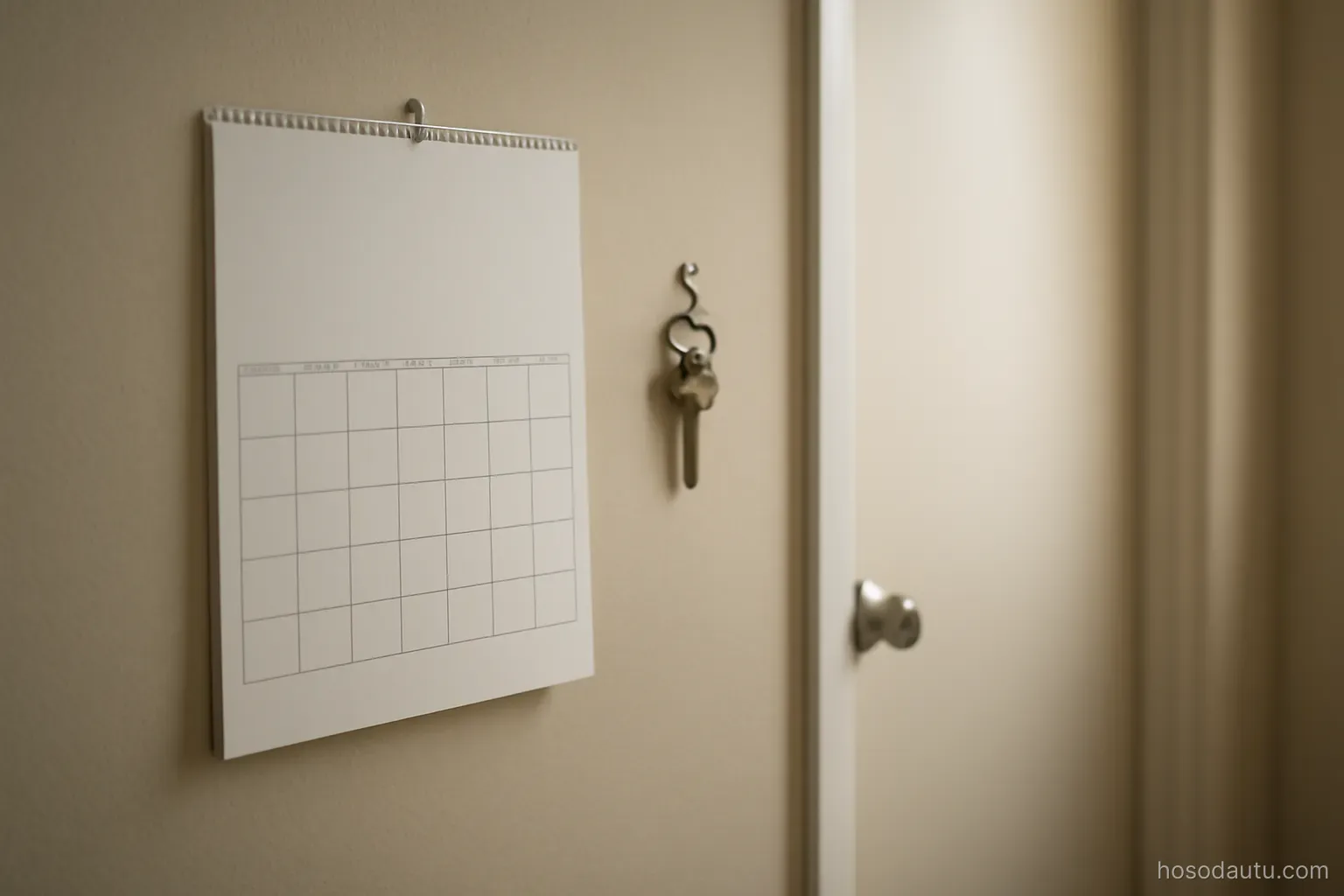 a wall calendar and a key hanging on a hook beside a door in a plain hallway, morning light, calendar grid blank