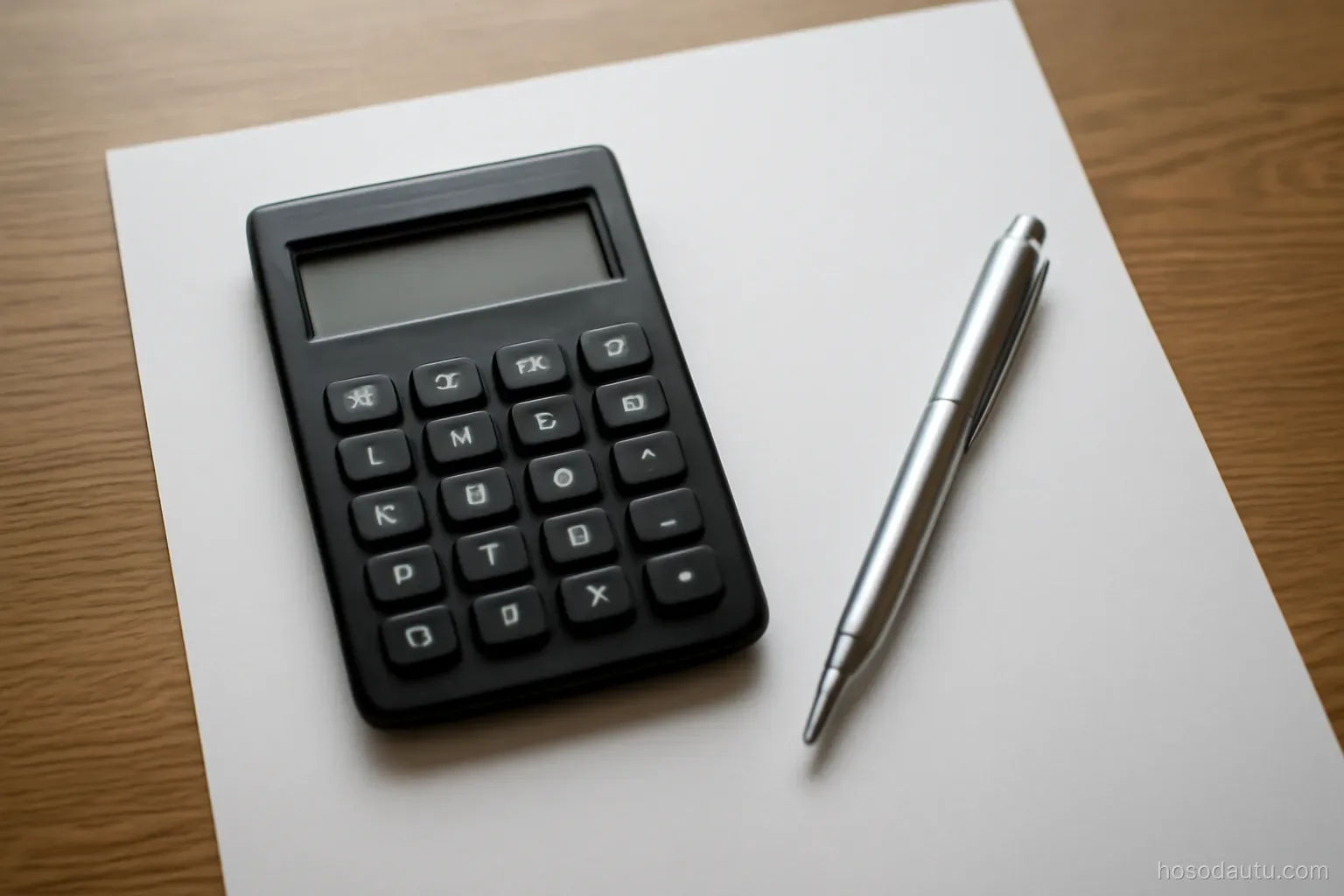 a calculator and a pen resting on a blank sheet of paper on a desk, close overhead view, screen off