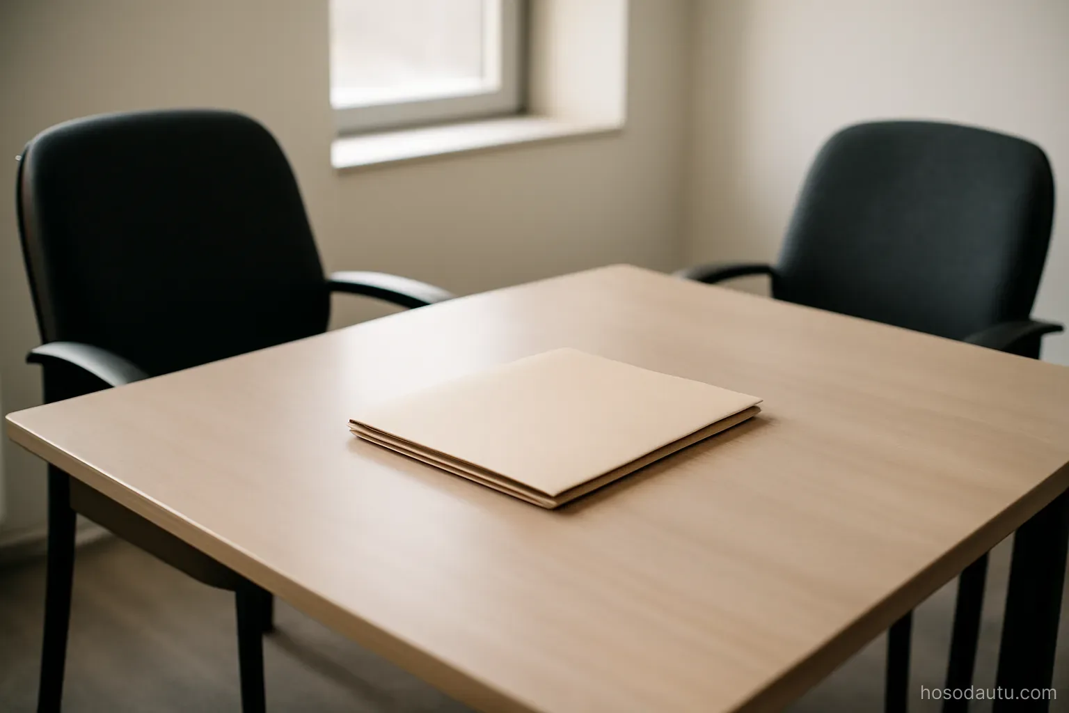 a desk with two chairs on opposite sides and a folder placed in the middle, neutral office light, folder closed