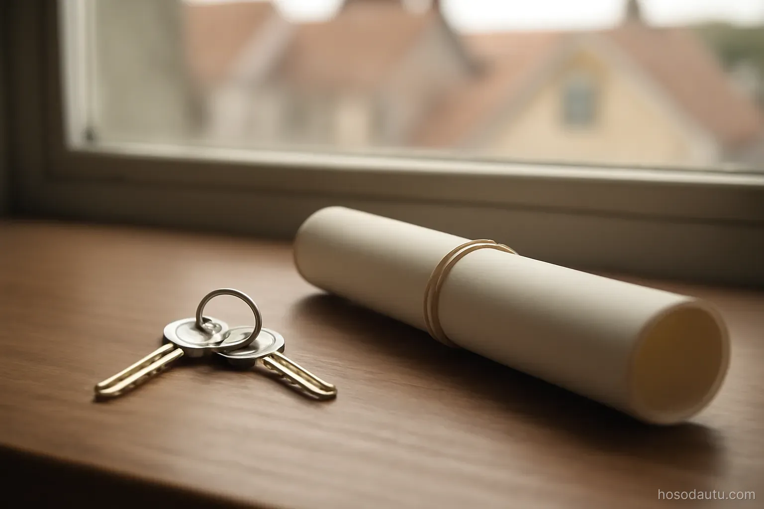 a set of house keys and a rolled property document lying on a table by a window overlooking rooftops, soft daylight