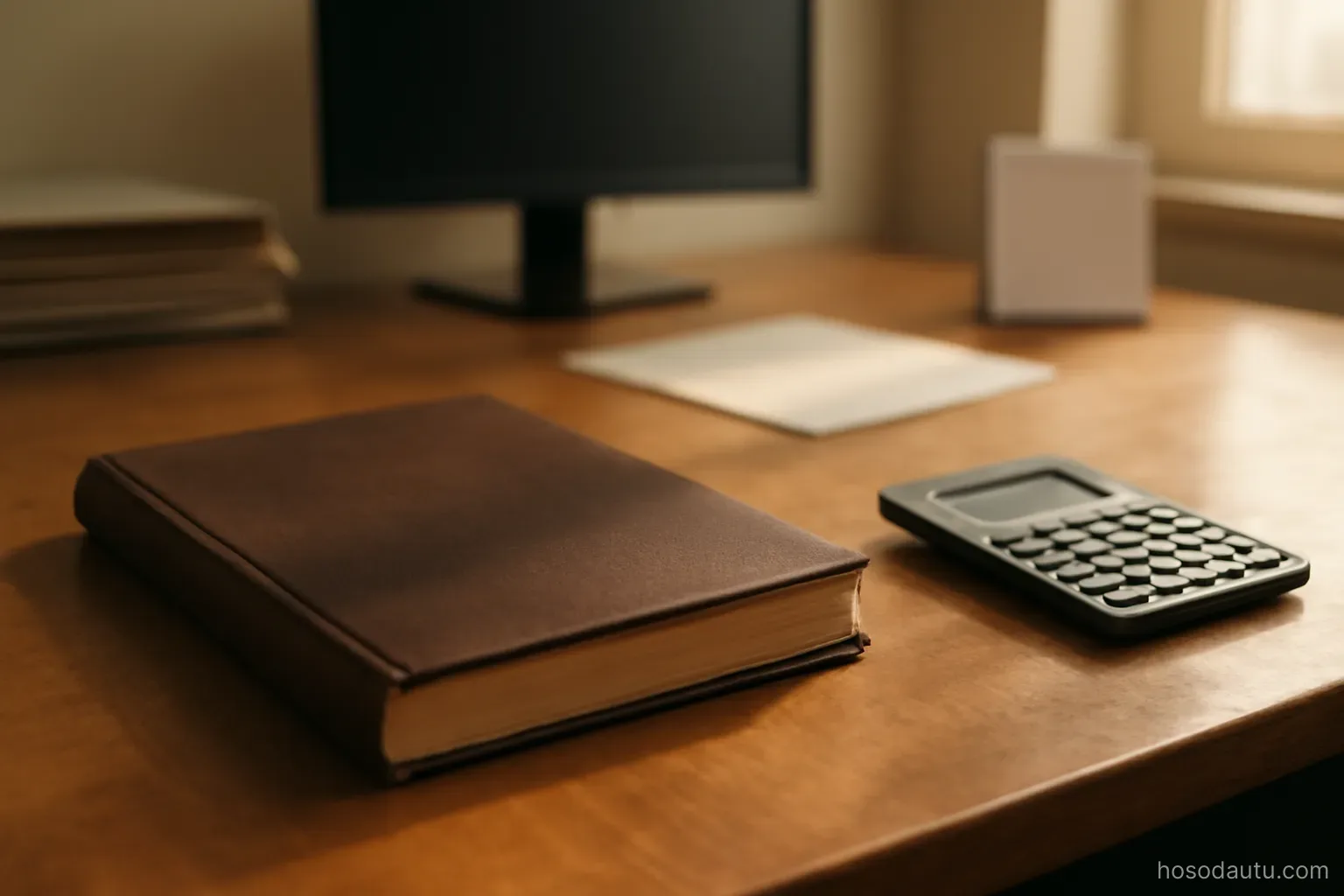 a small business back office with a ledger book closed on a desk and a calculator beside it, warm afternoon light