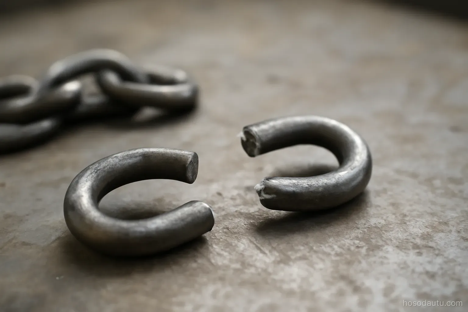 a broken chain link lying on a workbench beside a few intact links, close view, metal surfaces plain
